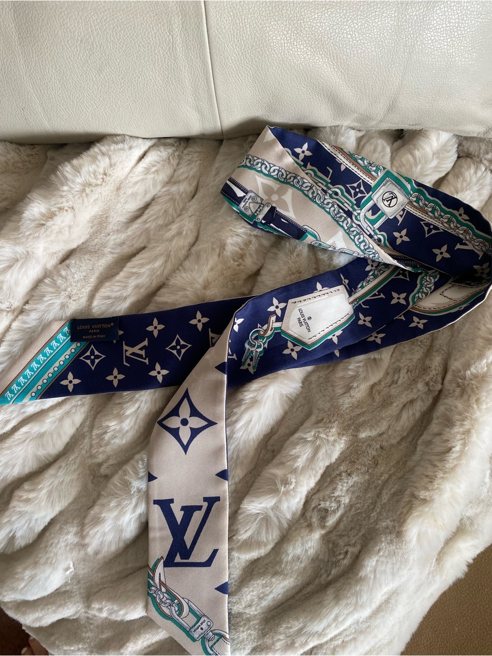 Louis Vuitton Navy, Cream & Teal Monogram Silk Twilly